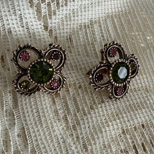 Sarah Coventry Olive Green and Pink Crystal Flower Stud Earrings